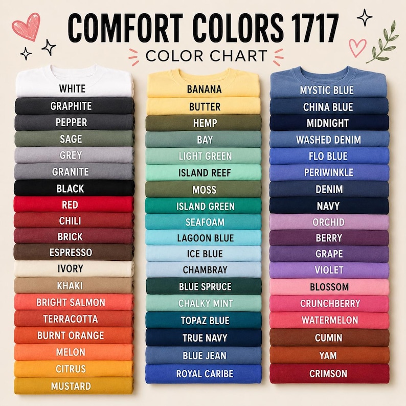 Pu&ograve; includere: Una tabella colori per t-shirt Comfort Colors 1717, che mostra tre colonne verticali di t-shirt piegate in varie tonalit&agrave;. Il testo recita COMFORT COLORS 1717 COLOR CHART, con etichette per ogni colore, inclusi bianco, nero, rosso, blu e giallo.