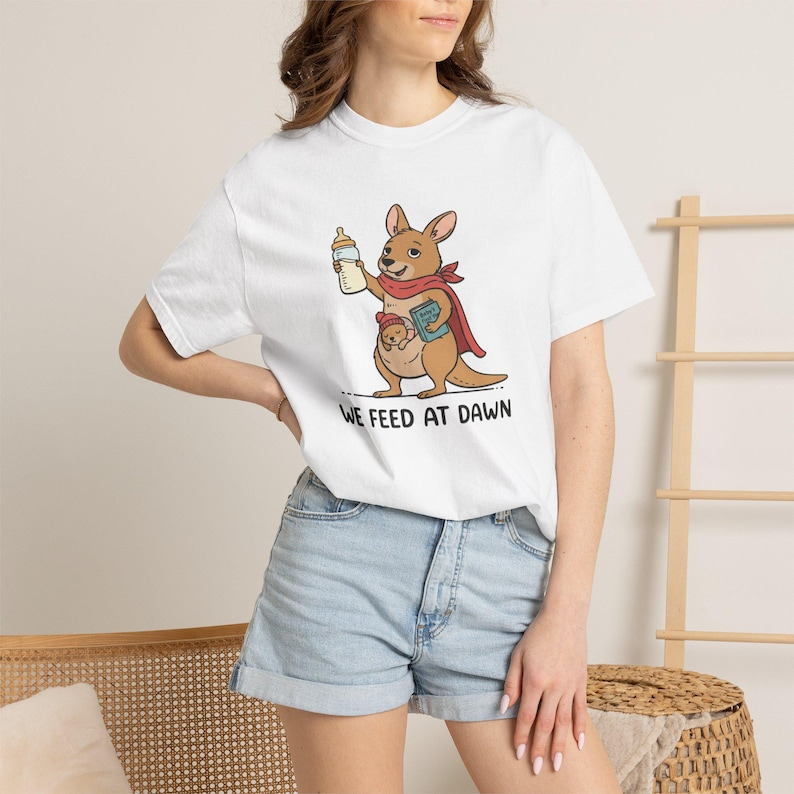 We Feed At Dawn Shirt, Funny New Mom Comfort Colors® Shirt, New Baby Shirt, Mom Humor Shirt, Kangaroo Graphic Tee, Baby Bottle Shirt immagine 9