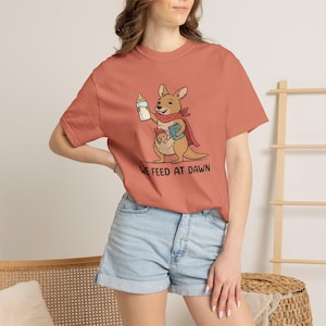 We Feed At Dawn Shirt, Funny New Mom Comfort Colors® Shirt, New Baby Shirt, Mom Humor Shirt, Kangaroo Graphic Tee, Baby Bottle Shirt immagine 11