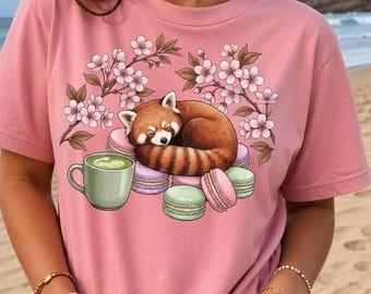 Sleeping Red Panda TShirt, Matcha Graphic Tee Gift, Sakura Blossom Top, Macaron Lover Gift, Cozy Cafe Top, Barista Outfit, Kawaii Animal Tee