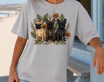 French Bulldog Shirt for Women, Gifts for Dog Lovers, Botanical Frenchie Tee, Unique Animal Graphic T-Shirt, Pet Fan Gift