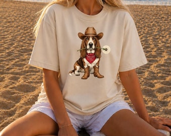 Basset Hound Shirt, Cowboy Dog Graphic Tee, Retro Puppy T-Shirt, Cozy Dog Lover Gift, Animal Shirt for Women, Basset Hound mom gift