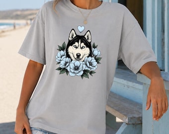 Husky Shirt, Whimsical Puppy Graphic Tee, Retro Dog Lover T-Shirt, Cozy Animal Shirt for Women, Gift for Husky Moms, Husky Pup Shirt