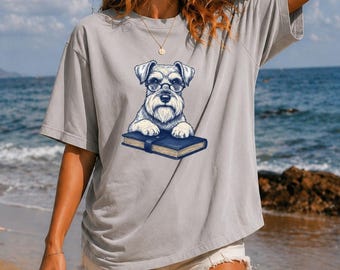 Funny Schnauzer Shirt, Reading Dog Graphic Tee, Retro Puppy T-Shirt, Cozy Dog Lover Gift, Whimsical Animal Shirt for Women, Hand Drawn Tee