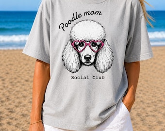 Poodle Mom Social Club Shirt, Dog Lover Graphic Tee, Cute Poodle Owner Gift, Pink Heart Glasses Puppy Top, Women Pet Lover Apparel