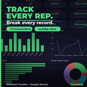 May include: A dark green digital display with white and green text, tracking workout data. The display shows metrics like total sessions, distance, and volume. Charts and graphs visualize progress, with the text "Track Every Rep. Break every record."