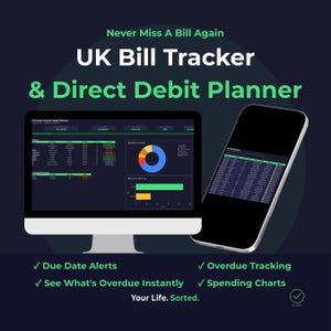 May include: A digital financial planning graphic with the text "Never Miss A Bill Again" and "UK Bill Tracker & Direct Debit Planner." A computer monitor and smartphone display financial data. Features include due date alerts and spending charts.