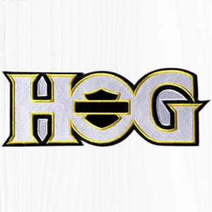 HOG Style Embroidered Patch: Gold, White, Black Biker Vest Jacket Back (10.5" x 4")