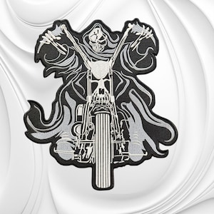 May include: An embroidered patch featuring a grim reaper figure riding a motorcycle. The design is rendered in black, white, and gray thread, depicting the reaper with a skull face and flowing robes, gripping the handlebars of a chopper-style bike.