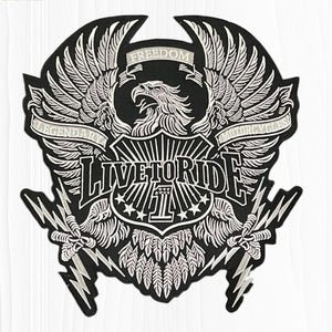 May include: A black and white embroidered patch featuring a central eagle with spread wings. Above the eagle is a banner reading FREEDOM. Below, a shield displays the text LIVE TO RIDE, the number 1, and stars. Lightning bolts flank the bottom.