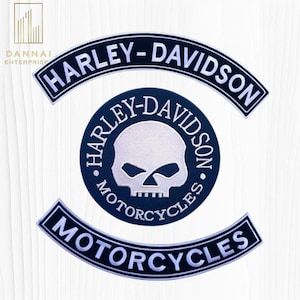May include: A set of three embroidered patches featuring a black and white color scheme. The top and bottom patches are curved rockers with the text Harley-Davidson and Motorcycles. The center patch is circular with a skull and text.