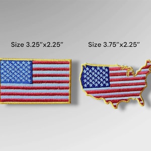 May include: Two embroidered patches featuring the American flag design. One is a rectangular patch measuring 3.25 inches by 2.25 inches, and the other is a map-shaped patch of the United States measuring 3.75 inches by 2.25 inches.