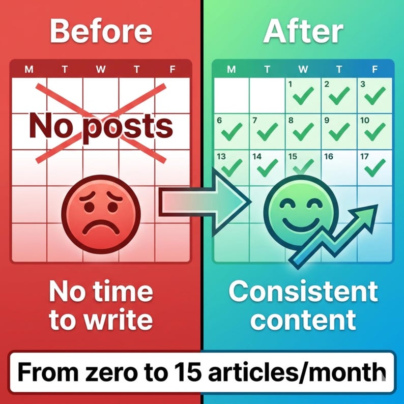 May include: A split-screen graphic showing a red calendar labeled Before with No posts and a sad face, transitioning via an arrow to a green calendar labeled After with checkmarks, a happy face, and an upward arrow, captioned From zero to 15 articles/month.