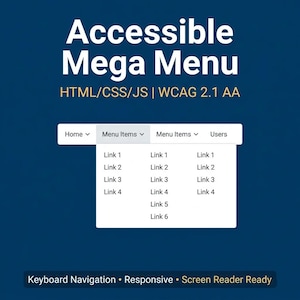 Może przedstawiać: Grafika cyfrowa z białym tekstem "Accessible Mega Menu" na ciemnoniebieskim tle. Poniżej napis "HTML/CSS/JS | WCAG 2.1 AA". Wyświetlane jest menu z linkami. Na dole obrazu napis "Keyboard Navigation • Responsive • Screen Reader Ready".