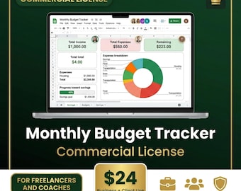Monthly Budget Tracker Commercial License – Google Sheets Template (Digital Download)