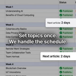 May include: A digital content calendar spreadsheet featuring rows for weeks one through four with article titles like Understanding AI and Cybersecurity Basics. Status columns show Published with green checkmarks and pop-ups stating Next article: 2 days.