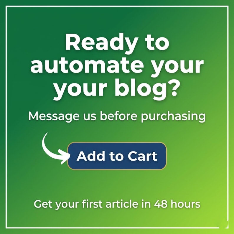 Done-for-you blog automation service thumbnail. Dark blue to green gradient background. Text says "Blog Content Done For You". Calendar shows Week 1, Week 2, Week 3, Week 4 with green checkmarks. Robot icon writing with a pen. Badges: 15 Articles/Month and $49/month. Bottom text: You provide topics. We provide content. For Blogger blogs.