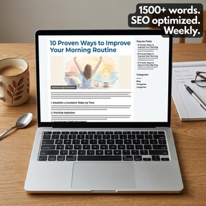 May include: A silver laptop displaying a blog post titled 10 Proven Ways to Improve Your Morning Routine with an illustration of a person stretching at sunrise. The screen shows a sidebar with Popular Posts and Categories. Text reads 1500+ words.