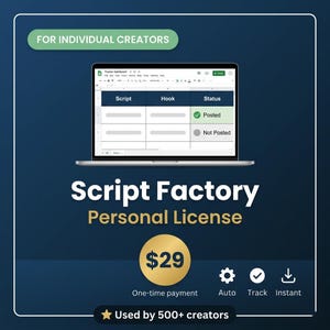 Puede incluir: Una pantalla de portátil muestra una hoja de cálculo con columnas "Script", "Hook" y "Status". El texto "Script Factory Personal License" está debajo, con un círculo dorado que muestra "$29". Texto adicional: "Pago único", "Auto", "Track" e "Instant".