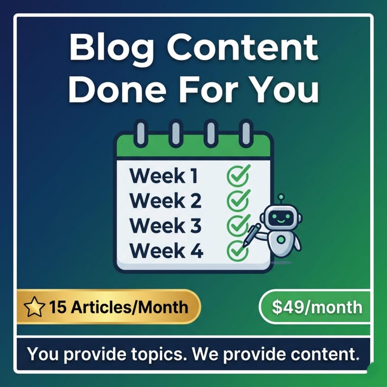 May include: A graphic with a green to blue gradient background featuring the text Blog Content Done For You. A calendar icon shows Week 1 through Week 4 with green checkmarks. A small robot holds a pen. Text includes 15 Articles/Month and $49/month.
