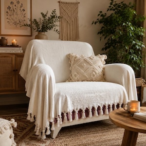 Set of 2 Boho Turkish Cotton Armchair Covers, Cream Tassels, Farmhouse Sofa Throws