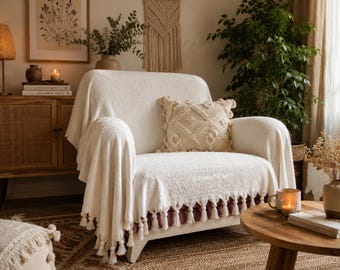 Set van 2 Turkse boho katoenen fauteuilhoezen, crèmekleurige kwastjes, boerenbankkleden
