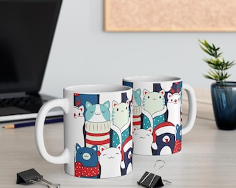 Niedliche Feiertags-Katzen-Tasse | Weihnachtskatzenmuster, festliche Katzenillustration