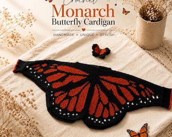 Cárdigan de ganchillo hecho a mano con diseño de mariposa monarca, estilo cottagecore boho, regalo para ella.