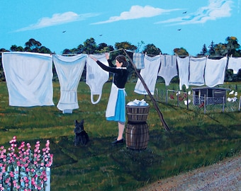 Print from Original Painting 1930s Woman Hanging Laundry on Clothes Line