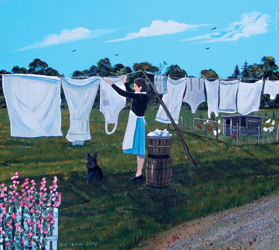 Print from Original Painting 1930s Woman Hanging Laundry on Clothes Line