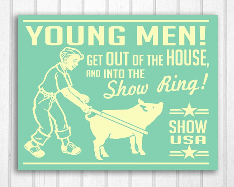 May include: A retro poster in light green and cream. The text reads "YOUNG MEN! GET OUT OF THE HOUSE, AND INTO THE Show Ring!" An illustration shows a person guiding a pig. The words "SHOW USA" are also displayed, with star and line graphics.