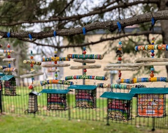 Bird Feeder Driftwood Spinner with Painted Driftwood and Beads
