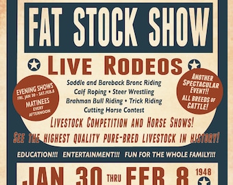 Puede incluir: Un cartel vintage que anuncia la Exposición del Suroeste y la Exposición de Ganado Gordo en Fort Worth, Texas. El cartel presenta un esquema de color rojo, blanco y azul con una estrella y las fechas del 30 de enero al 8 de febrero de 1948. El cartel también menciona rodeos en vivo, competencia de ganado y espectáculos de caballos.