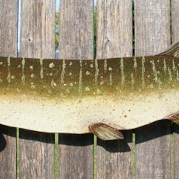 Musky Folk Art Hand Painted Large Wood Fish Cabin Art