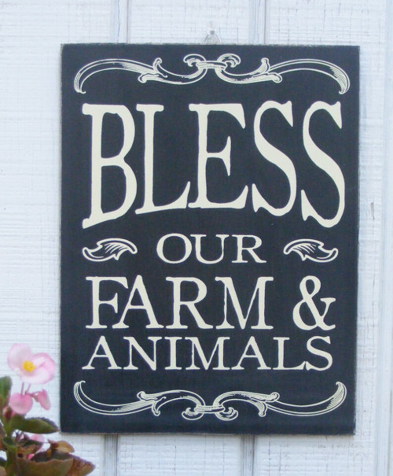 May include: A rectangular black wooden sign with white lettering and decorative scrollwork. The sign reads "BLESS OUR FARM & ANIMALS". The sign is hanging on a white wooden background, with a small pink flower in the lower left corner.