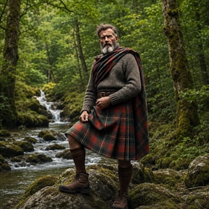 Może przedstawiać: Osoba ubrana w brązowy sweter z dzianiny, czerwono-zielony kilt w kratę oraz pasujący szal w kratę zarzucony na jedno ramię. Strój uzupełniają brązowe podkolanówki i brązowe skórzane buty.