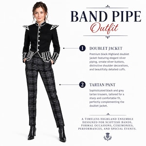 May include: A Band Pipe Outfit consisting of a black doublet jacket with silver piping, ornate silver buttons, and shoulder decorations, paired with black and grey tartan trousers. The ensemble includes text labels describing the jacket and pants.