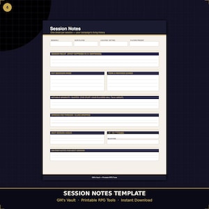 Session Notes Template Printable | DnD Session Log | TTRPG Game Master PDF | RPG Campaign Journal