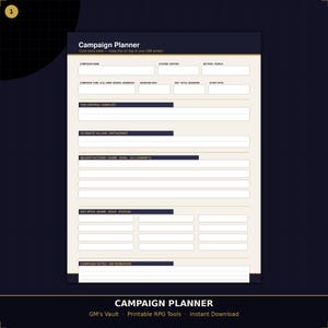 Campaign Planner Printable | TTRPG Game Master PDF | DnD Campaign Overview Sheet | RPG Dungeon Master Tool