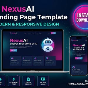 May include: A laptop and smartphone display a landing page template called NexusAI. The design is modern and responsive, with a blue and pink color scheme. The text includes "Unlock the Future of AI" and "Instant Download."
