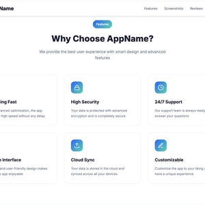 K&ouml;nnte beinhalten: Eine Webseite, die f&uuml;r eine App namens AppName wirbt, mit wei&szlig;em Hintergrund und blauen Akzenten. Die Seite hebt Funktionen wie Lightning Fast, High Security und 24/7 Support hervor.