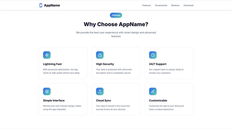 K&ouml;nnte beinhalten: Eine Webseite, die f&uuml;r eine App namens AppName wirbt, mit wei&szlig;em Hintergrund und blauen Akzenten. Die Seite hebt Funktionen wie Lightning Fast, High Security und 24/7 Support hervor.