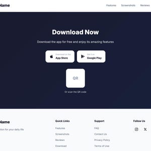 K&ouml;nnte beinhalten: Eine Website-Oberfl&auml;che mit dunkelblauem Hintergrund, mit dem Text "Download Now" und Schaltfl&auml;chen f&uuml;r den App Store und Google Play. Ein QR-Code ist ebenfalls vorhanden. Der App-Name wird oben und unten angezeigt.