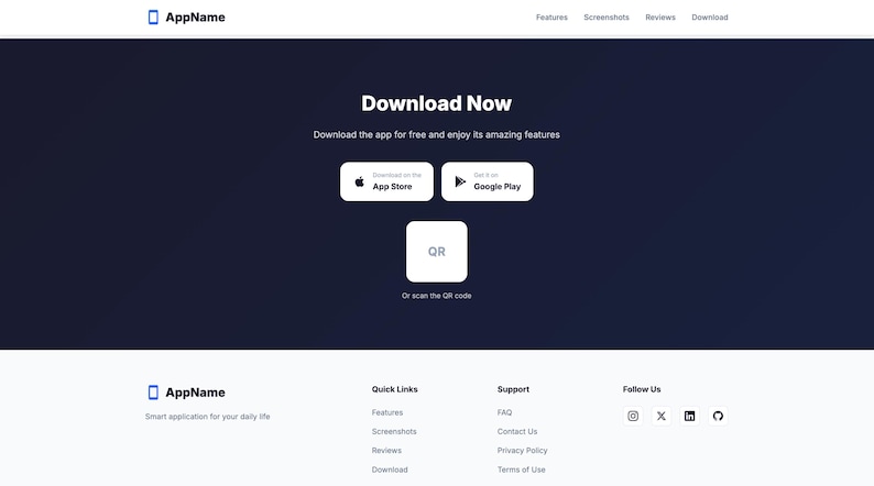 K&ouml;nnte beinhalten: Eine Website-Oberfl&auml;che mit dunkelblauem Hintergrund, mit dem Text "Download Now" und Schaltfl&auml;chen f&uuml;r den App Store und Google Play. Ein QR-Code ist ebenfalls vorhanden. Der App-Name wird oben und unten angezeigt.