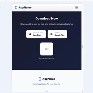K&ouml;nnte beinhalten: Mobile App-Oberfl&auml;che mit dunkelblauem Hintergrund und wei&szlig;em Text. Der App-Name wird oben und unten angezeigt. Die Oberfl&auml;che enth&auml;lt Schaltfl&auml;chen f&uuml;r App Store- und Google Play-Downloads sowie einen QR-Code.