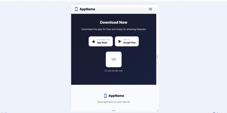 K&ouml;nnte beinhalten: Mobile App-Oberfl&auml;che mit dunkelblauem Hintergrund und wei&szlig;em Text. Der App-Name wird oben und unten angezeigt. Die Oberfl&auml;che enth&auml;lt Schaltfl&auml;chen f&uuml;r App Store- und Google Play-Downloads sowie einen QR-Code.