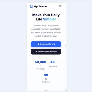 K&ouml;nnte beinhalten: Eine mobile App-Oberfl&auml;che mit dem Titel &bdquo;Make Your Daily Life Simpler&ldquo;. Sie verf&uuml;gt &uuml;ber blaue und schwarze Download-Schaltfl&auml;chen f&uuml;r iOS und Android sowie Statistiken: 50.000 Downloads, eine Benutzerbewertung von 4,8 Sternen und 99 % Zufriedenheit.