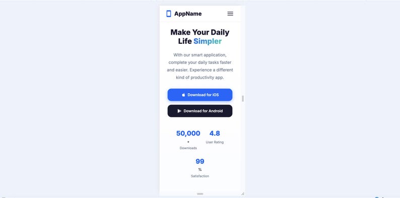 K&ouml;nnte beinhalten: Eine mobile App-Oberfl&auml;che mit dem Titel &bdquo;Make Your Daily Life Simpler&ldquo;. Sie verf&uuml;gt &uuml;ber blaue und schwarze Download-Schaltfl&auml;chen f&uuml;r iOS und Android sowie Statistiken: 50.000 Downloads, eine Benutzerbewertung von 4,8 Sternen und 99 % Zufriedenheit.