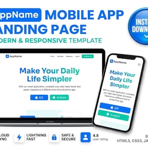 Mobile App Landing Page HTML CSS Template | Responsive Showcase Website (Digital Download)