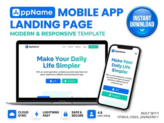 Mobile App Landing Page HTML CSS Template | Responsive Showcase Website (Digital Download)